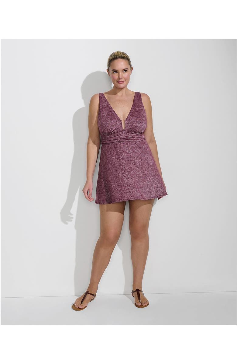 Lands' End Slender Suit Shine U-Wire Swim Dress Swimsuit, Alternate, color, Burgundy Shine