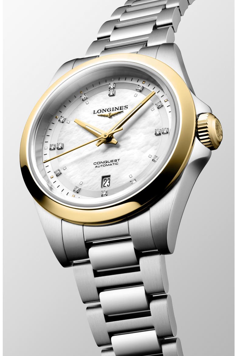 Conquest 18K Gold Bezel, Mother-of-Pearl & Diamond Automatic Bracelet Watch, 30mm, Alternate, color, WHITE MOTHER-OF-PEARL