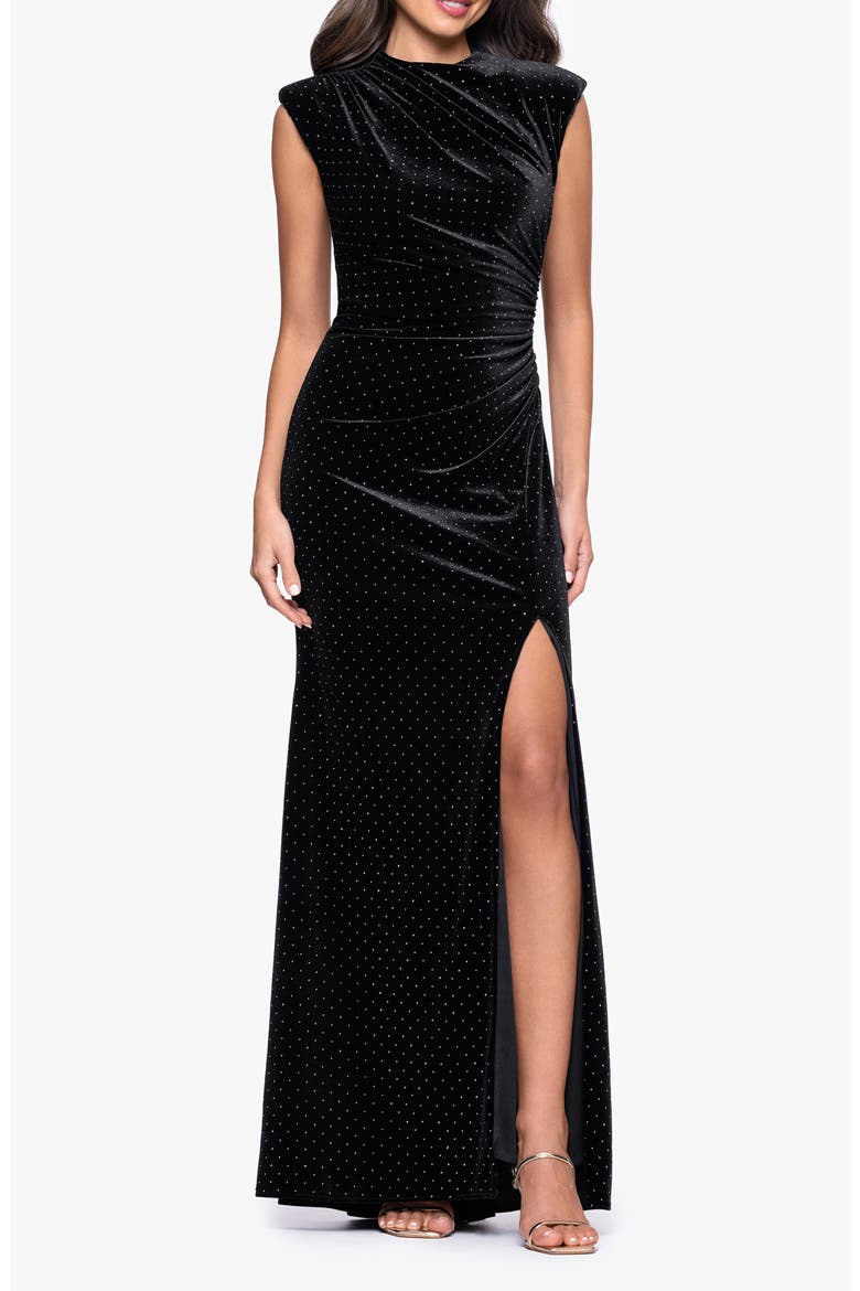 Stud Detail Velvet Sheath Gown, Main, color, BLK/ SILVER