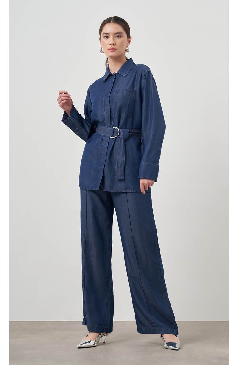 Mizalle Denim Belted Blouse, Alternate, color, 