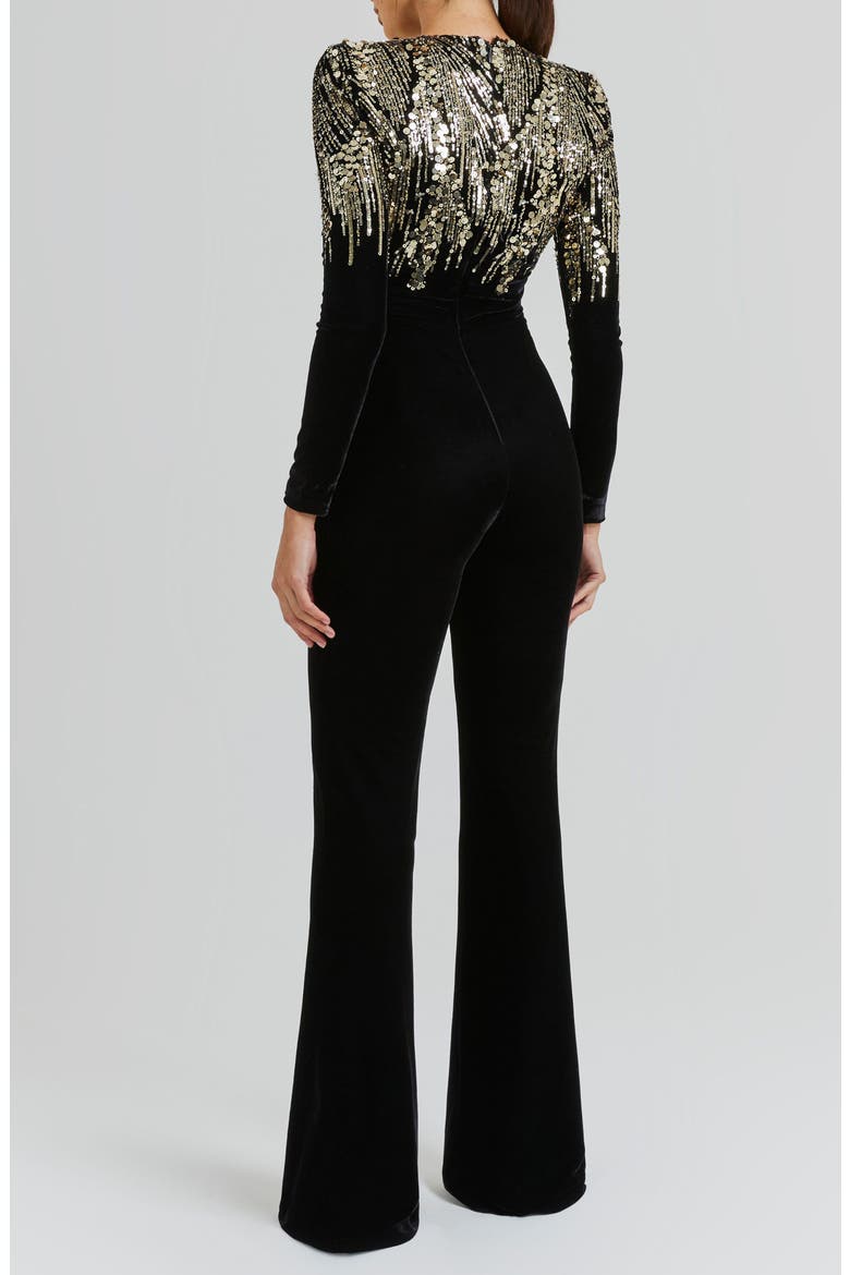 Katarina Sequin Long Sleeve Velvet Jumpsuit, Alternate, color, BLACK