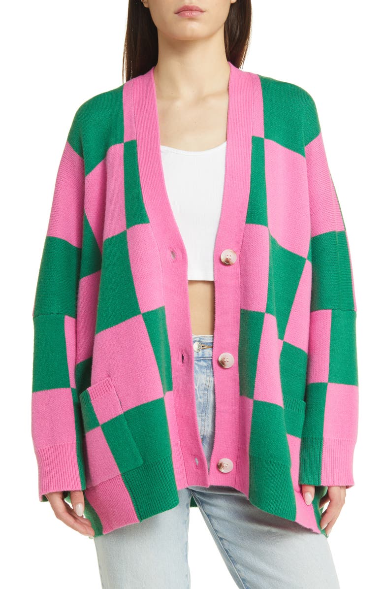Dressed in Lala Love You Oversize Checkerboard Cardigan, Main, color, Watermelon