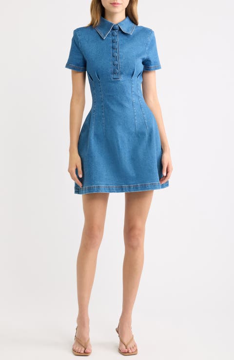 Pleated Seamed Cotton Blend Denim Fit & Flare Minidress
