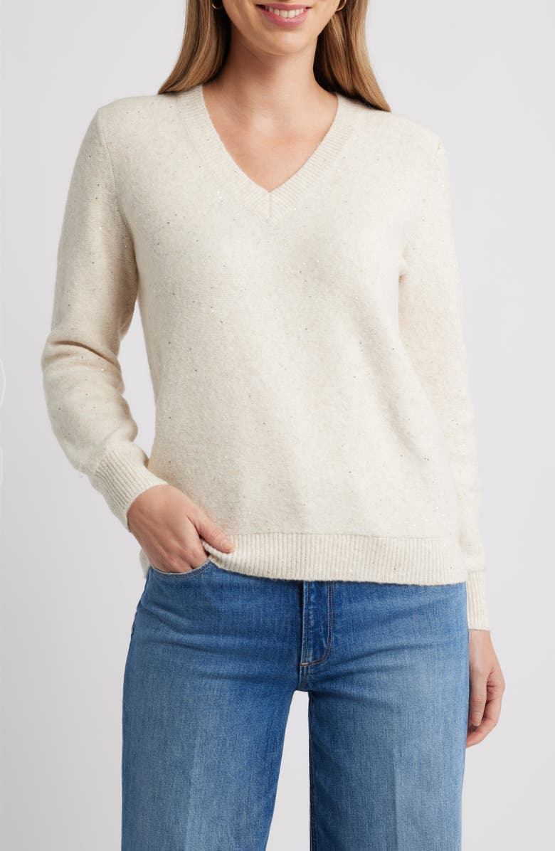 Caslon<sup>®</sup> Sequin V-Neck Sweater, Main, color, Beige Oatmeal Light Heather