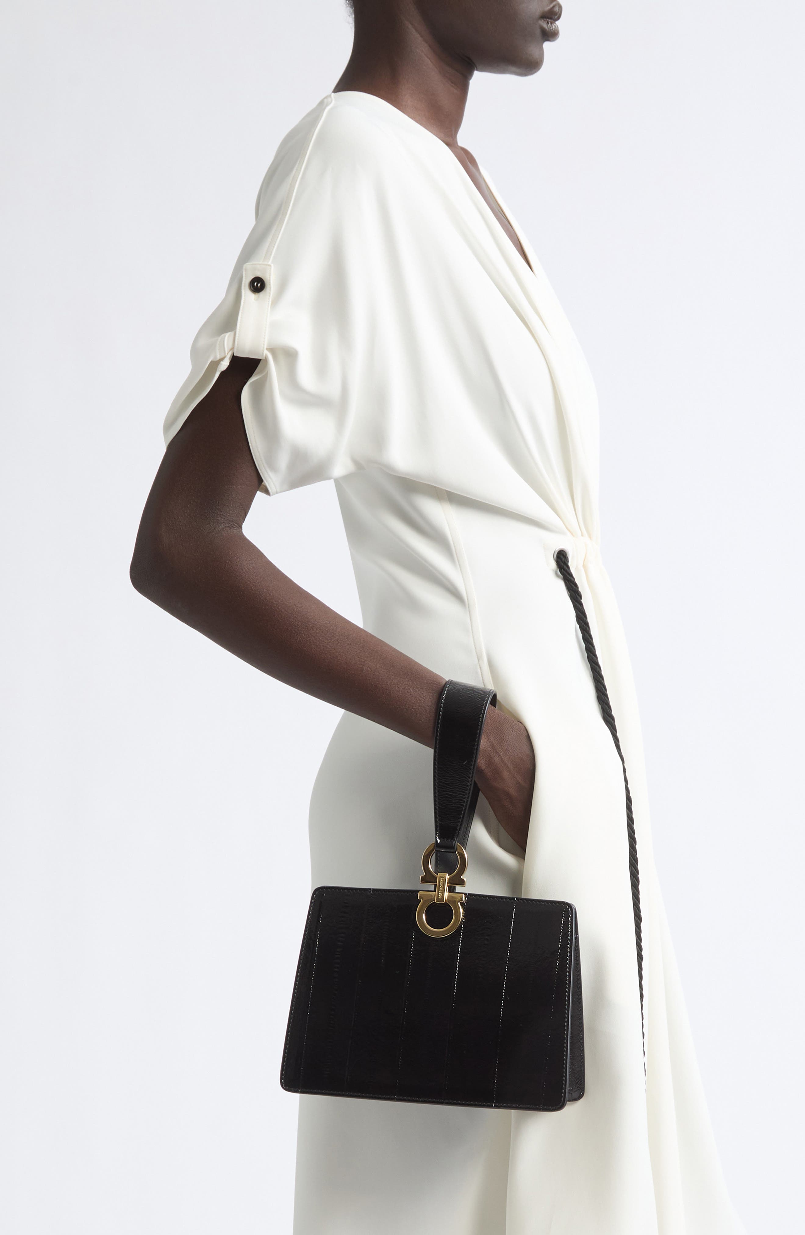Double Gancio Patent Leather Clutch, Alternate, color, NERO