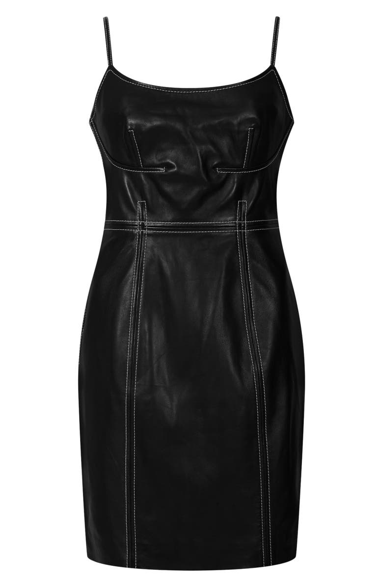 AllSaints Olivia Contrast Stitch Leather Minidress, Alternate, color, Black