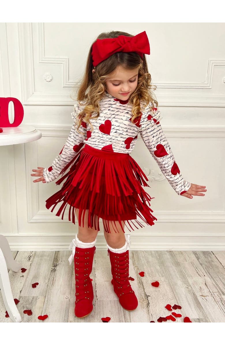 Mia Belle Girls My Love Language Top and Fringe Skirt Set, Alternate, color, Red