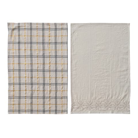 Woven Tea Towels with Metallic Thread Embroidery & Beads, Set of 2
