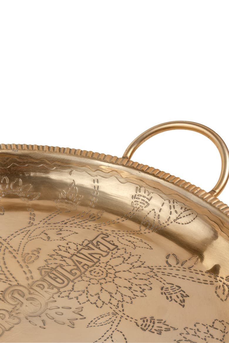Nanpur Patterned Handle Round Metal Decorative Tray 19X16X3 In, Alternate, color, Gold