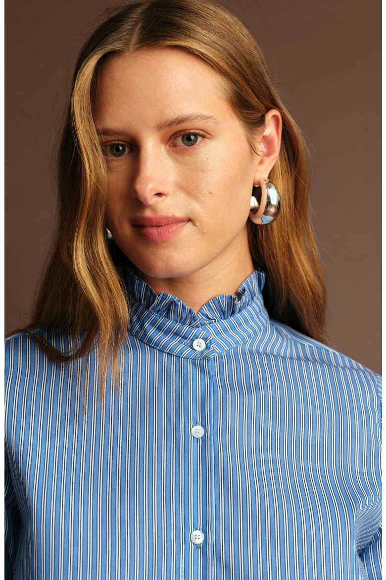Oscar Ruffle Trim Stripe Cotton Blend Button-Up Shirt, Alternate, color, LIGHT BLUE