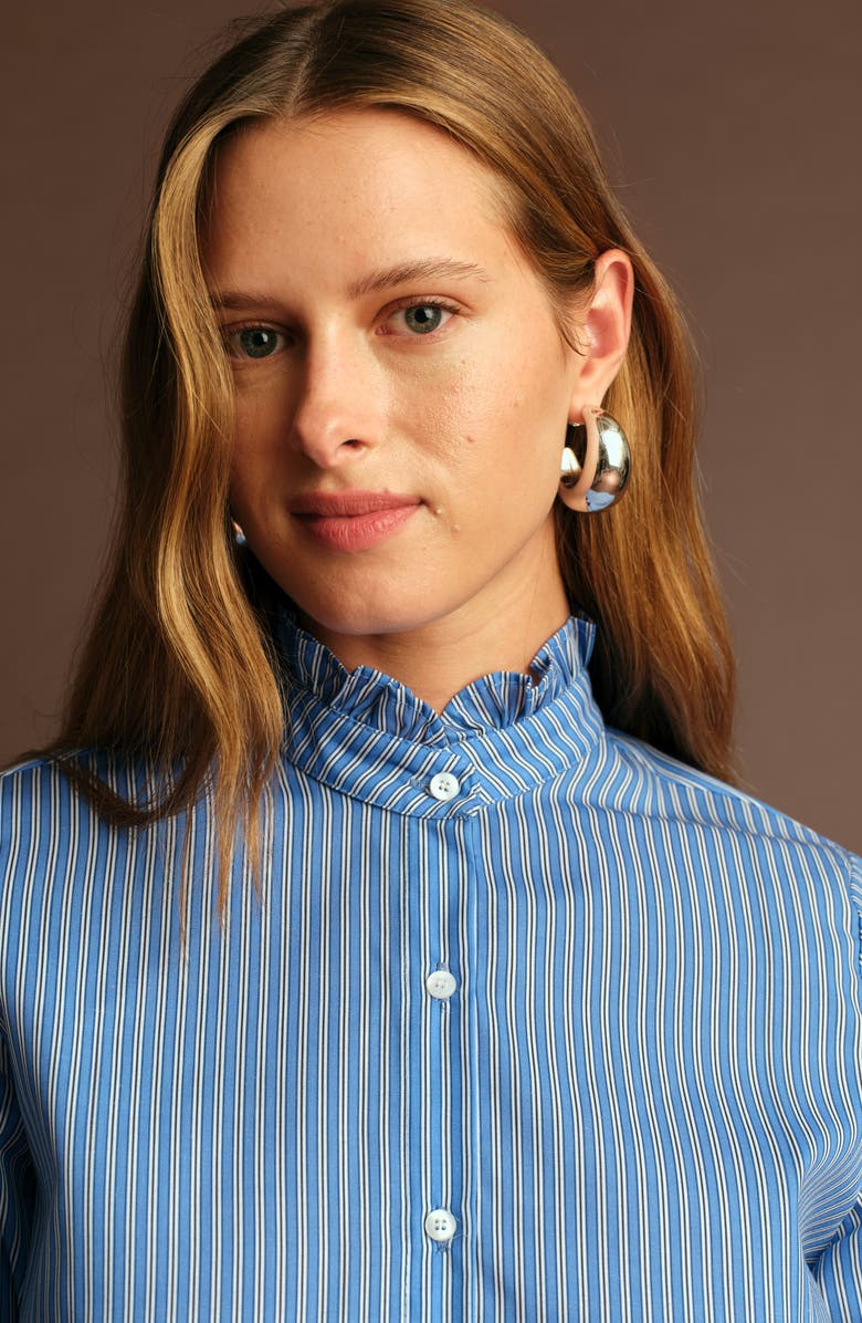 DELUC Oscar Ruffle Trim Stripe Cotton Blend Button-Up Shirt, Alternate, color, Light Blue