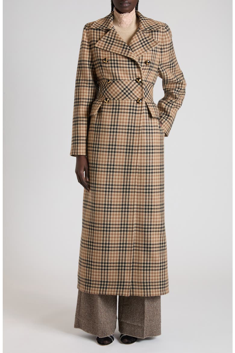 Double Breasted Houndstooth Wool Longline Coat, Alternate, color, SAND/ BLACK