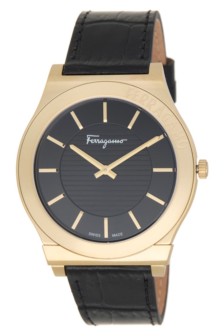 Gancini Leather Strap Watch, 44mm, Main, color, BLACK/ GOLD