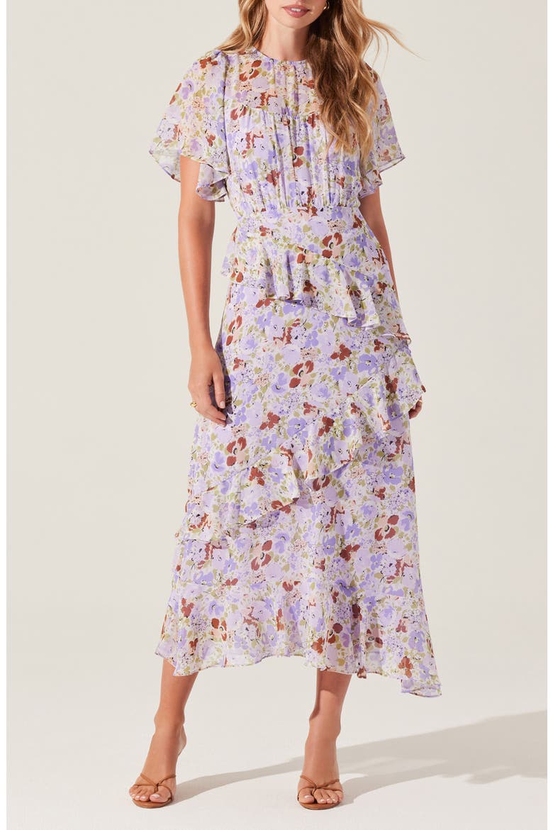 Floramae Floral Ruffle Detail Short Sleeve Midi Dress, Main, color, LAVENDER FLORAL