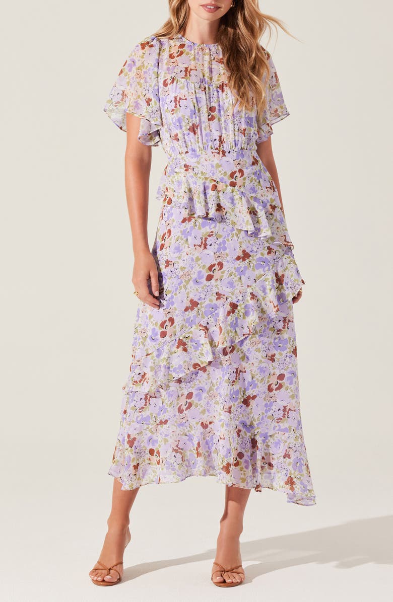 ASTR the Label Floramae Floral Ruffle Detail Short Sleeve Midi Dress, Main, color, Lavender Floral
