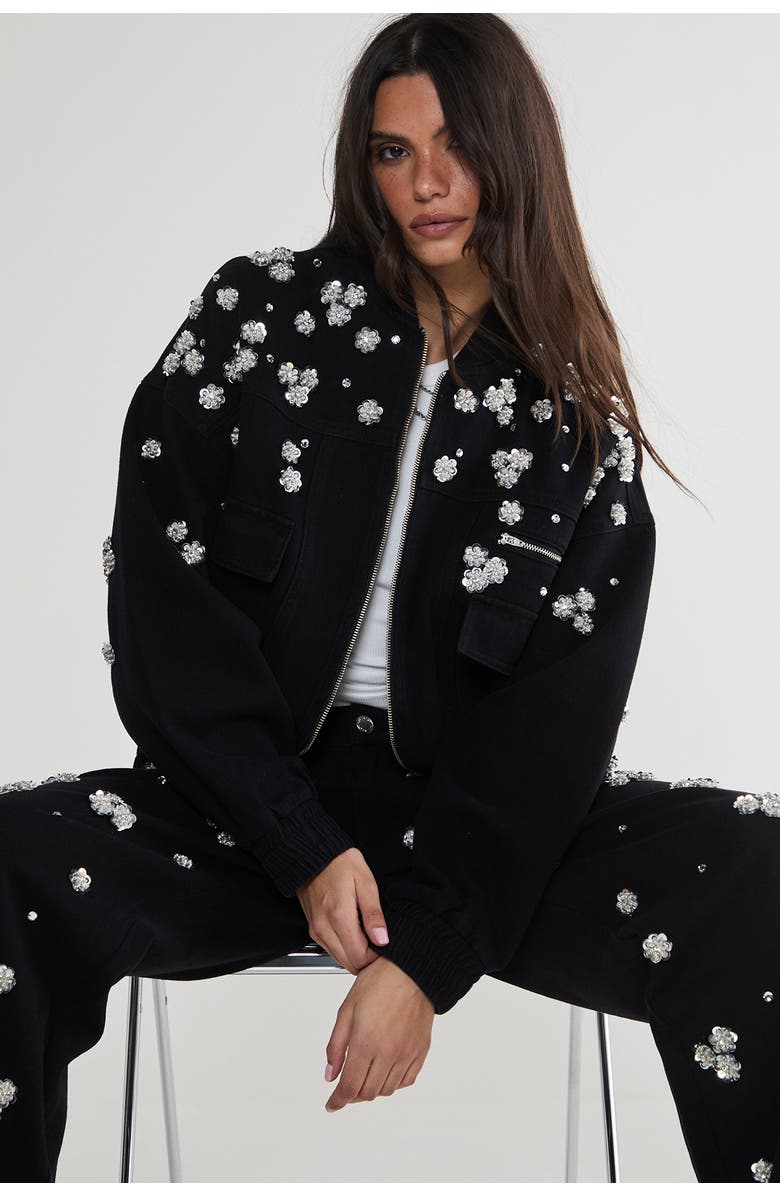 NASTY GAL Embellished Flower Applique Jacket, Alternate, color, Washed Black