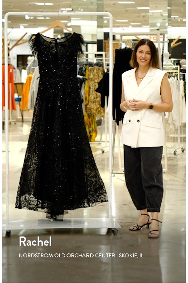 Women's Embellished Feather Cap Sleeve Bateau A Line Gown video