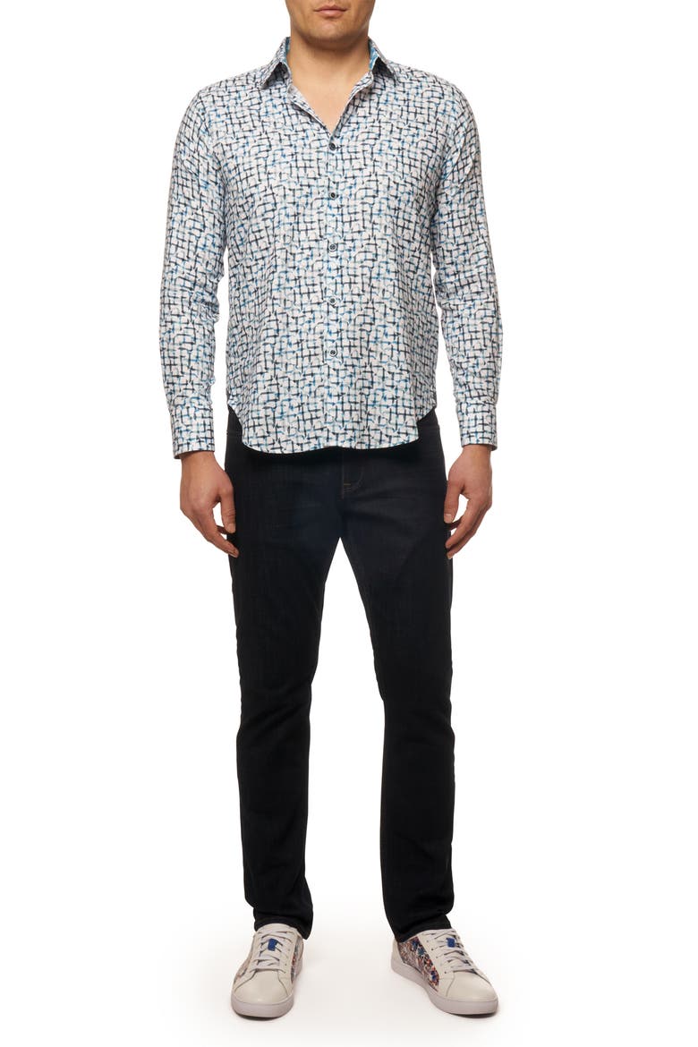 Kerberos Geo Print Button-Up Shirt, Alternate, color, TEAL