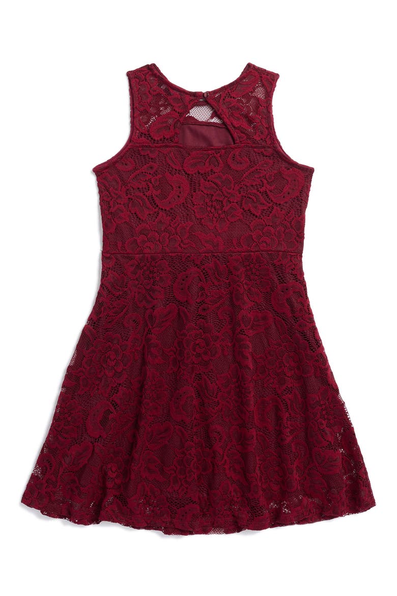 Kids' Sleeveless Lace Skater Dress, Alternate, color, BURGUNDY