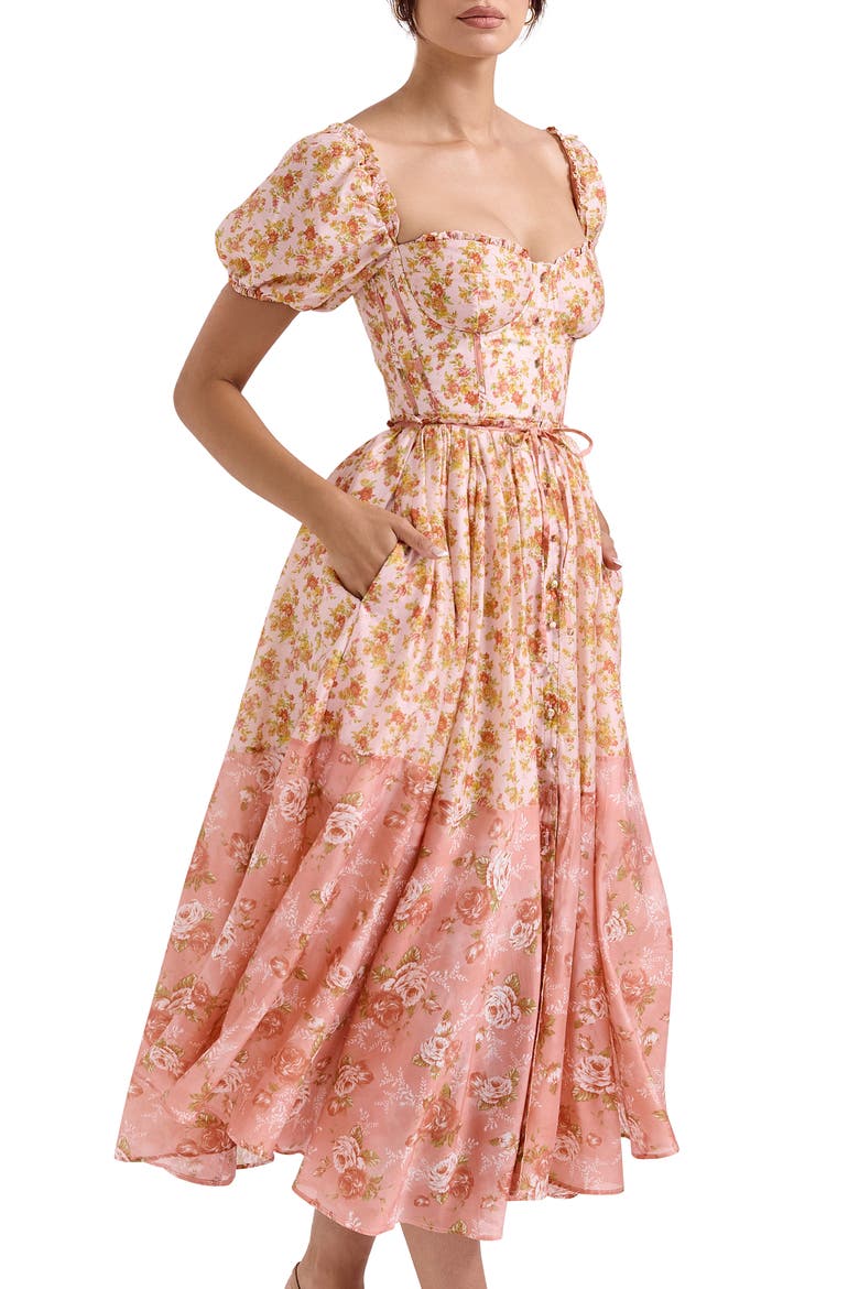 Penelope Floral Puff Sleeve Corset Maxi Dress, Alternate, color, VINTAGE ROSE PRINT