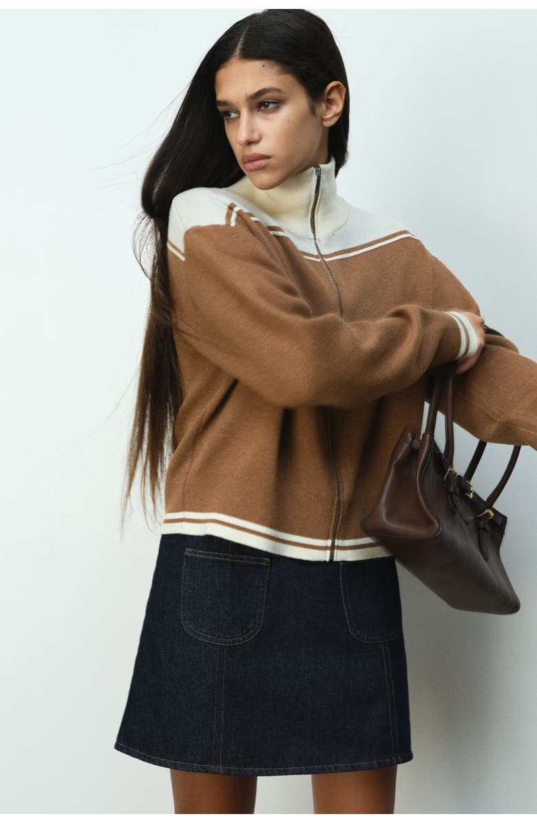 H&M Zip-through Cardigan, Alternate, color, Dark Beige/Color Block