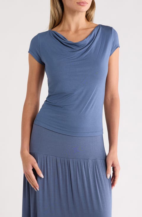 Solid Cowl Neck Cap Sleeve T-Shirt