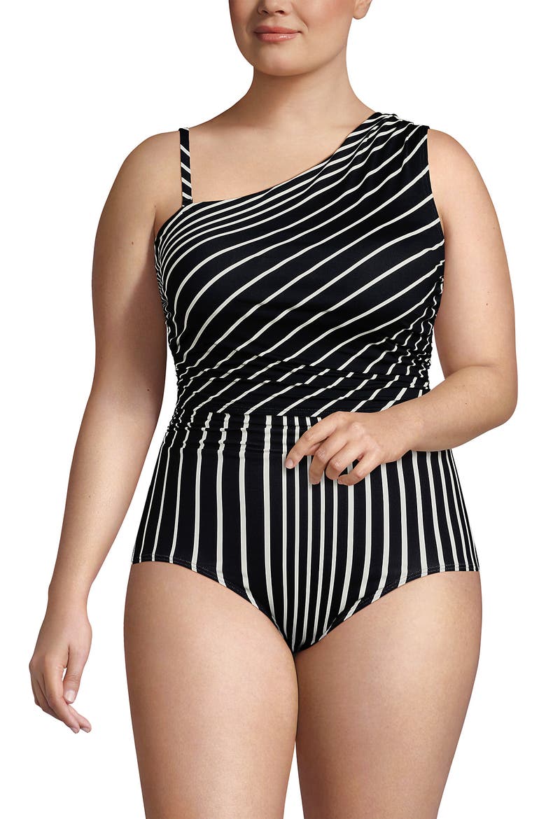 Plus Size Ruched One Shoulder Midkini Top, Alternate, color, Black/Egret Variegated Stripe