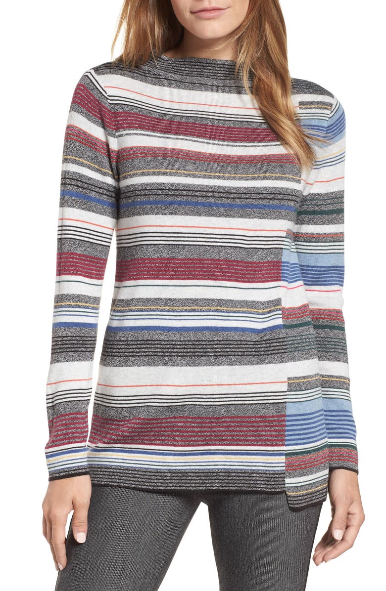 NIC+ZOE Banded Cotton Blend Offset Stripe Sweater, Main, color, 