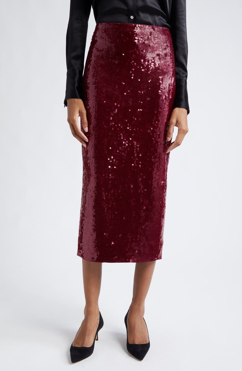 Veronica Beard Koa Sequin Midi Skirt, Main, color, Wine