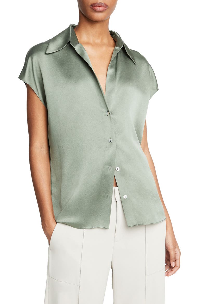 Cap Sleeve Gathered Back Short Sleeve Silk Button-Up Shirt, Alternate, color, SEA FERN