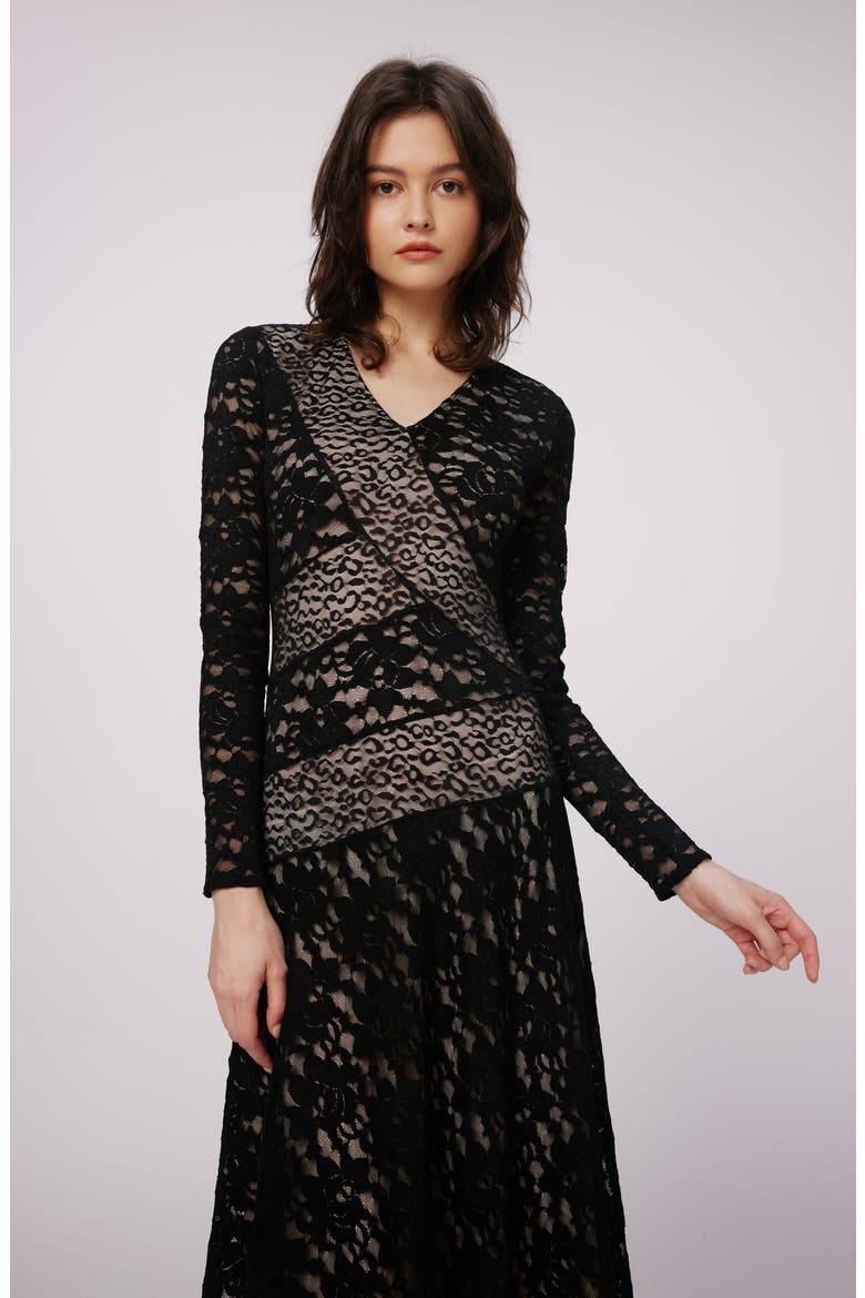 Park Long Sleeve Lace Midi Dress, Alternate, color, BLACK