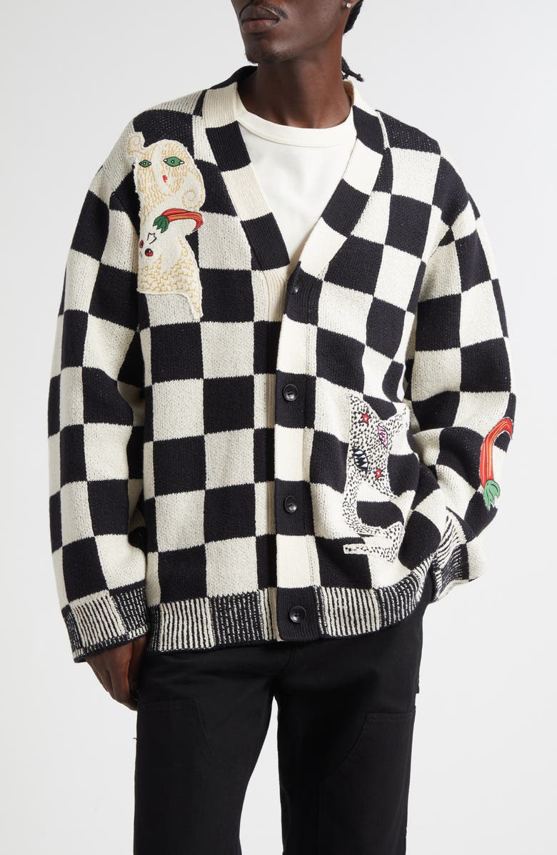 The Elder Statesman Nora Lite Creatures Cardigan, Main, color, Black/ Natural Check