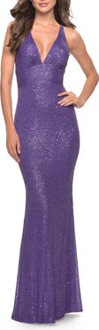 La Femme Sequin Stretch Long Prom Dress with Banded Waist