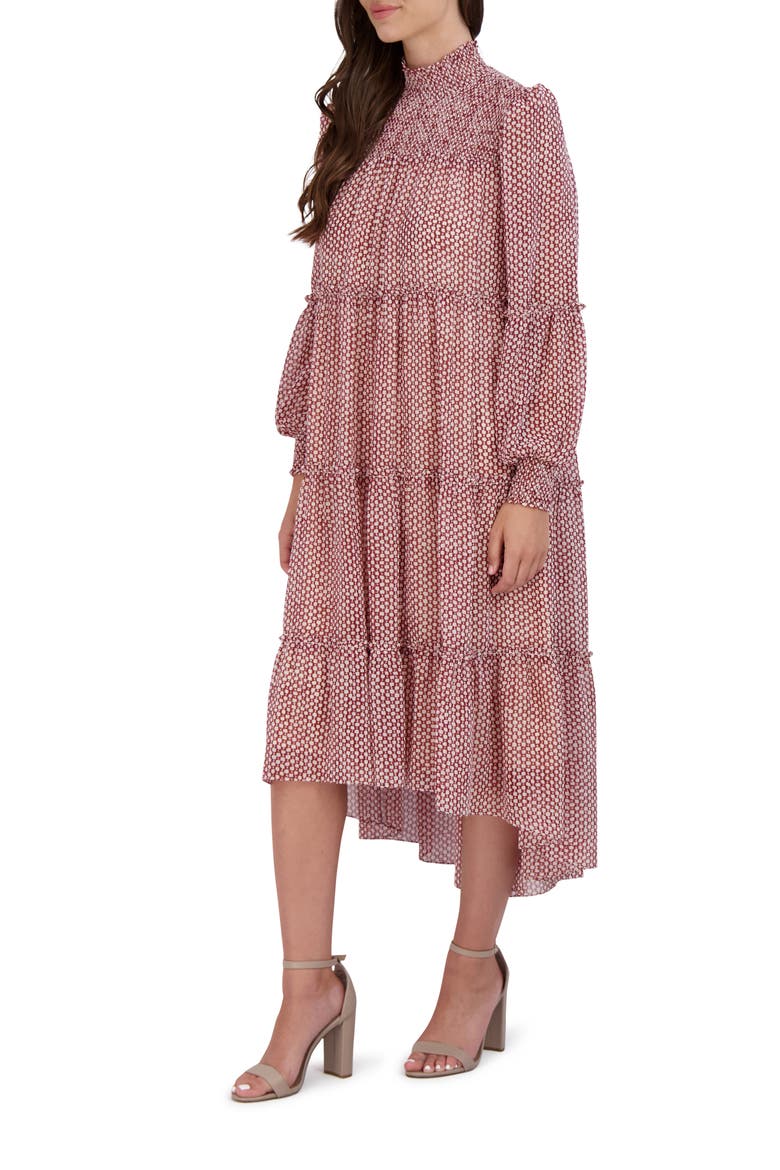 Smocked Tiered Long Sleeve High-Low Dress, Alternate, color, RED/ IVORY