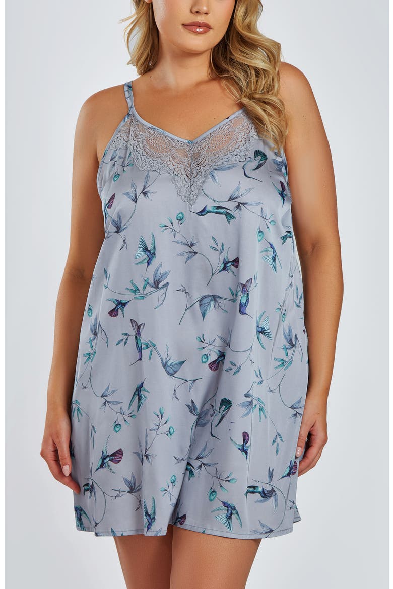 Elegant Hummingbird Print Satin Chemise with Lace Accent, Main, color, GRAY