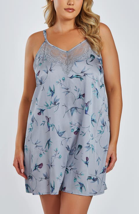 Elegant Hummingbird Print Satin Chemise with Lace Accent