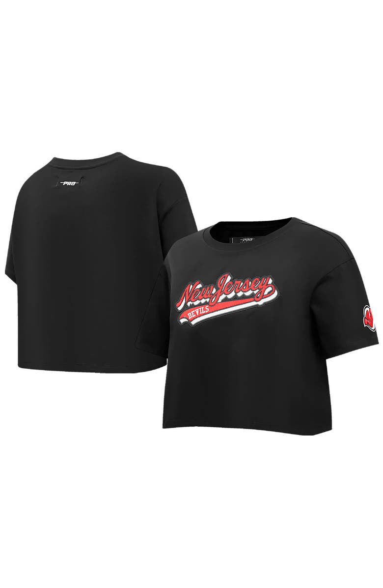 PRO STANDARD Women's Pro Standard Black New Jersey Devils Boxy Script Tail Cropped T-Shirt, Main, color, 