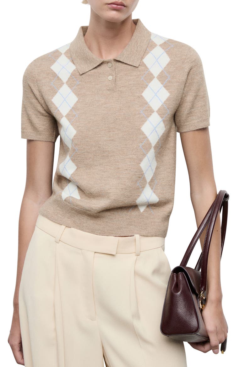 Diamond Pattern Polo Sweater, Main, color, MEDIUM BROWN