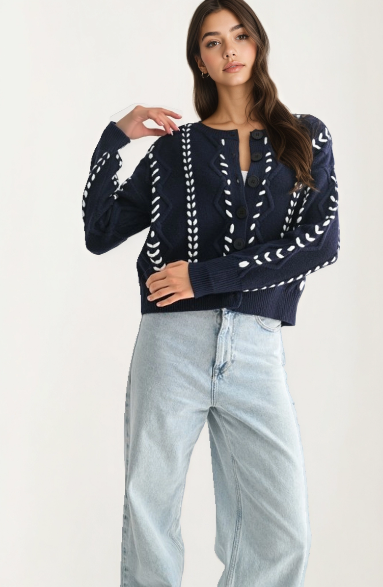 Knit and Lounge Button Front Stitch Detailing Cardigan, Alternate, color, Navy Blue / White