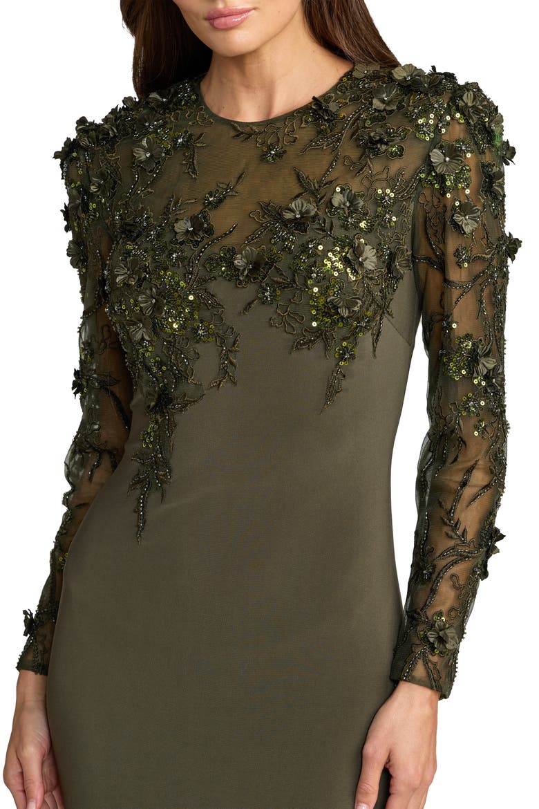 Jersey Long Sleeve Fitted Gown With Floral Beading, Alternate, color, Olive
