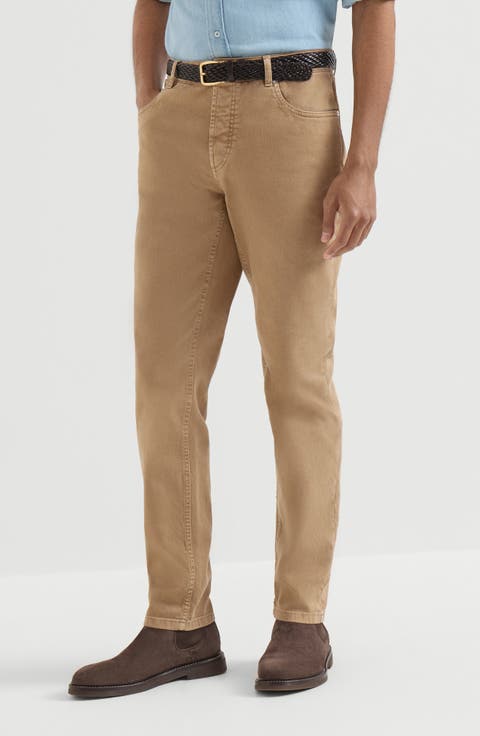 Garment-dyed comfort lightweight denim traditional fit five-pocket trousers