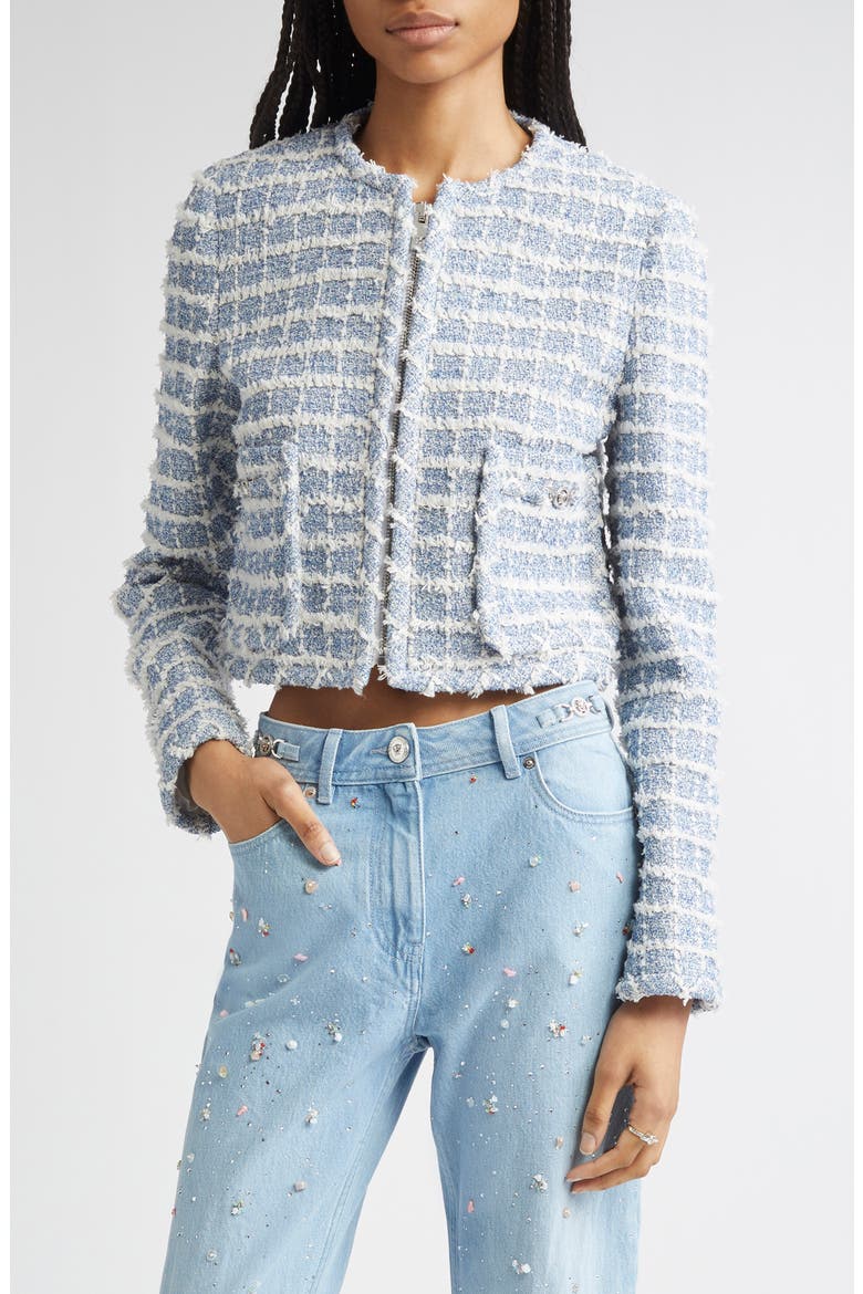 Medusa '95 Windowpane Tweed Crop Jacket, Main, color, LIGHT INDIGO