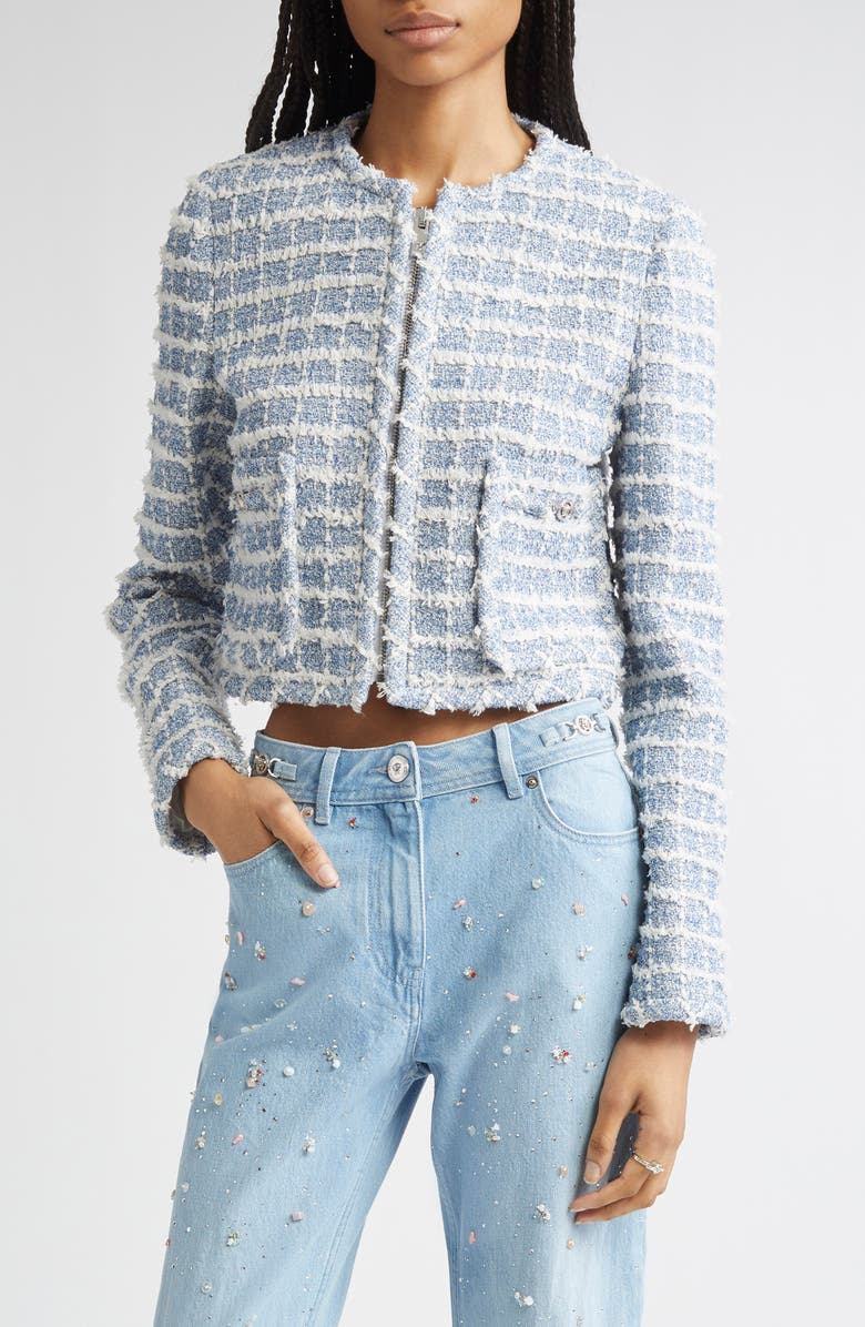 Versace Medusa '95 Windowpane Tweed Crop Jacket, Main, color, Light Indigo