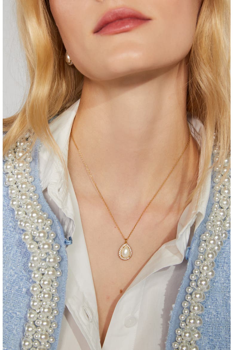 imitation pearl pavé halo mini pedant necklace, Alternate, color, CREAM/ GOLD