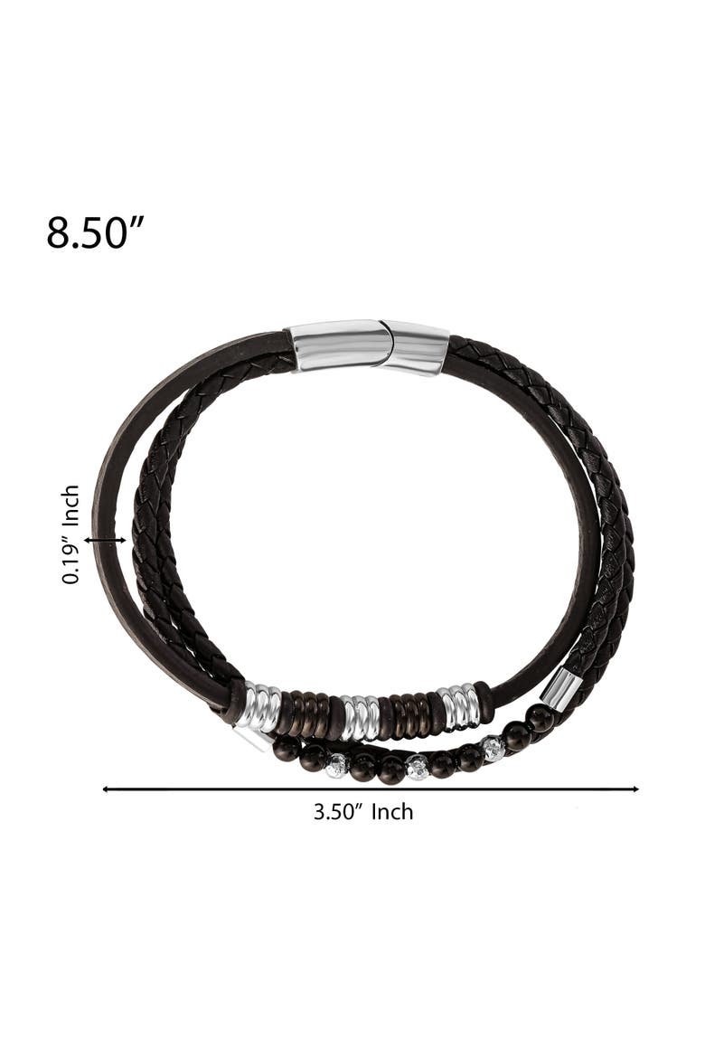 Stainless Steel Triple Row Black Cord Bracelet - 8.25", Alternate, color, Black, silver