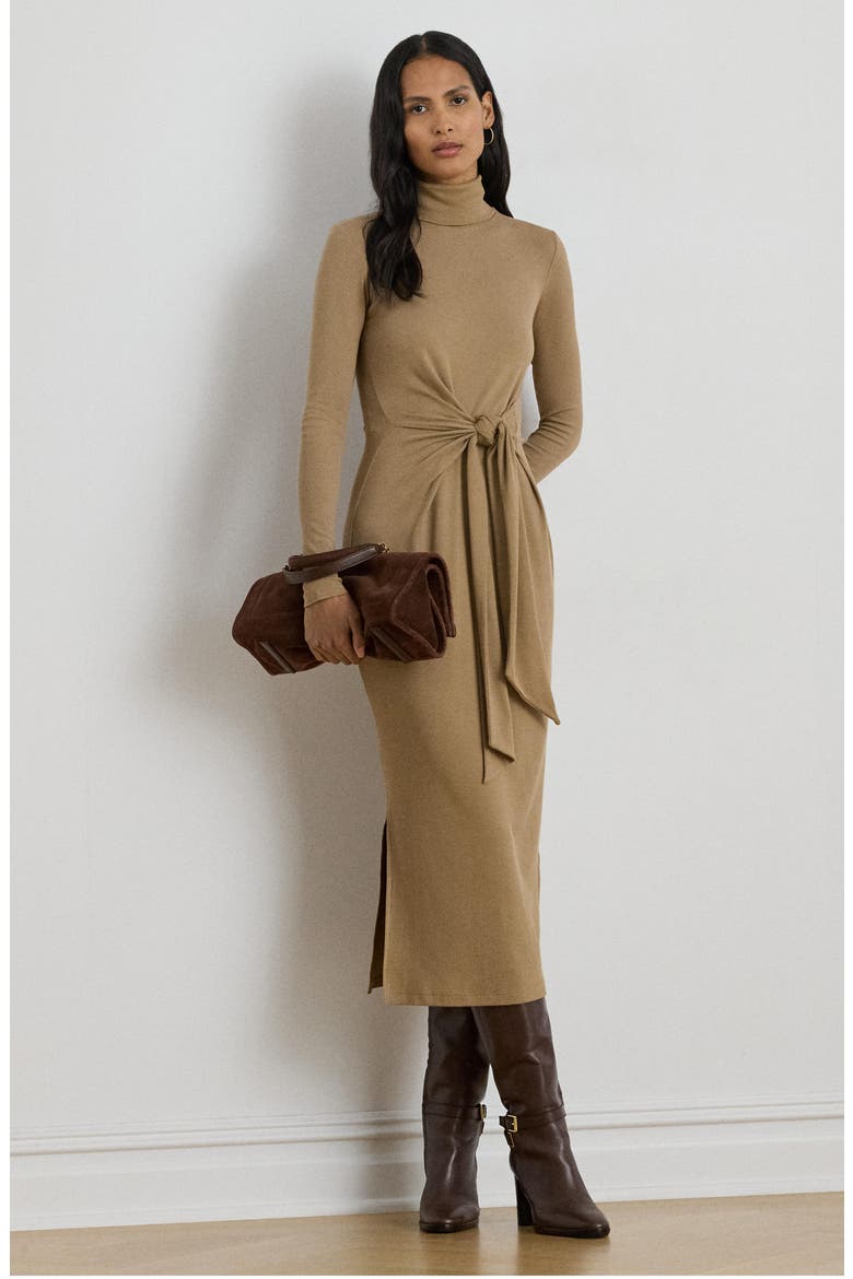 Long Sleeve Turtleneck Tie Front Dress, Alternate, color, CLASSIC CAMEL