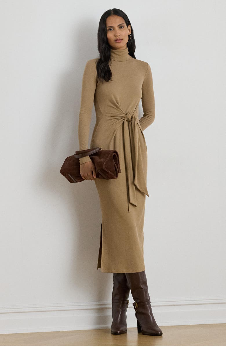 Lauren Ralph Lauren Long Sleeve Turtleneck Tie Front Dress, Alternate, color, Classic Camel