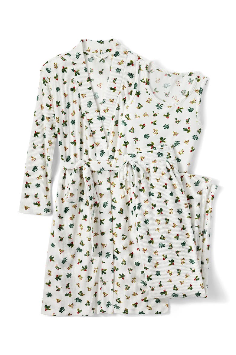 Brushed Cozy Waffle Jersey 3 Piece Pajama Set - Tank Top Pant and Robe, Alternate, color, Ivory Holly