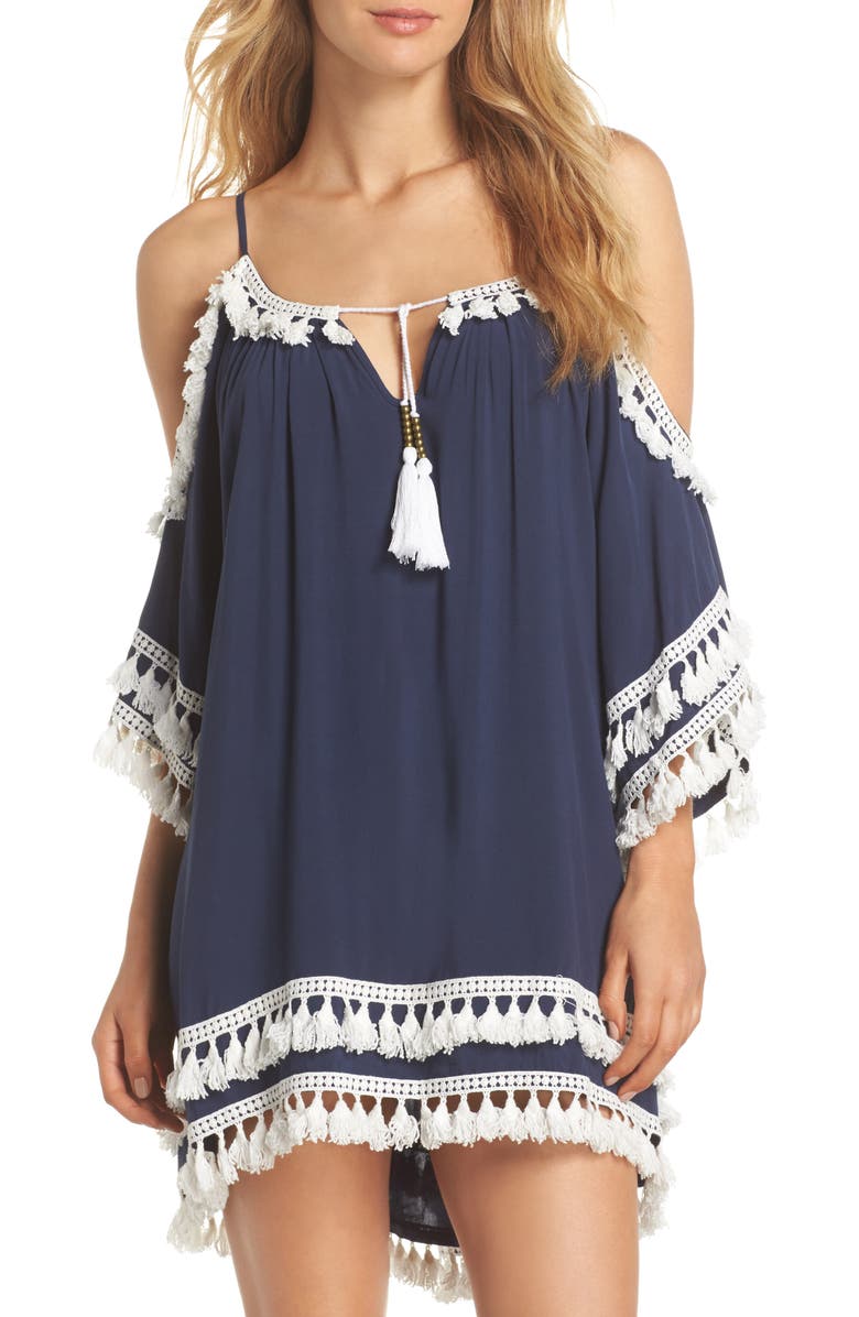 Surf Gypsy Tassled Cold Shoulder Cover-Up Tunic, Main, color, 