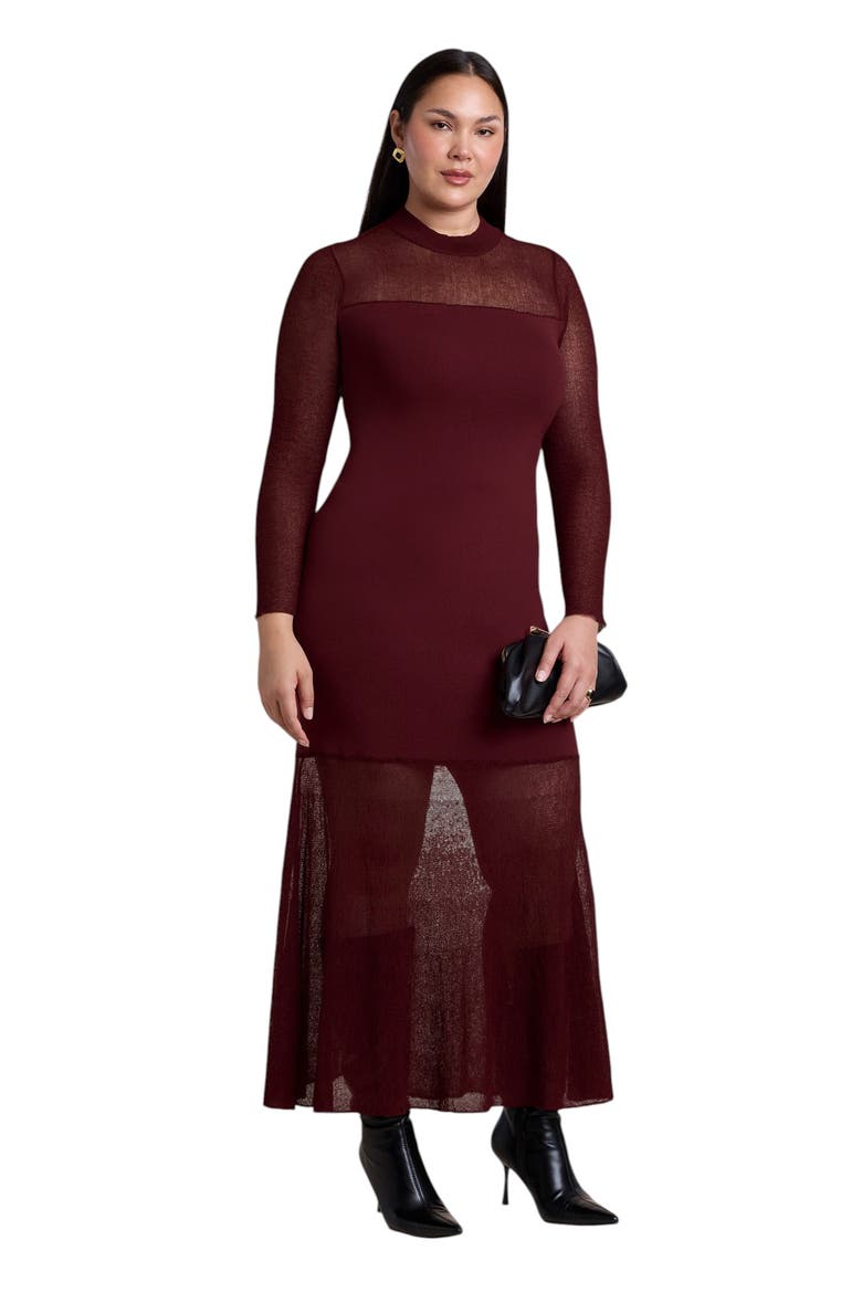Sheer Panel Sweater Maxi Dress, Main, color, BURGUNDY